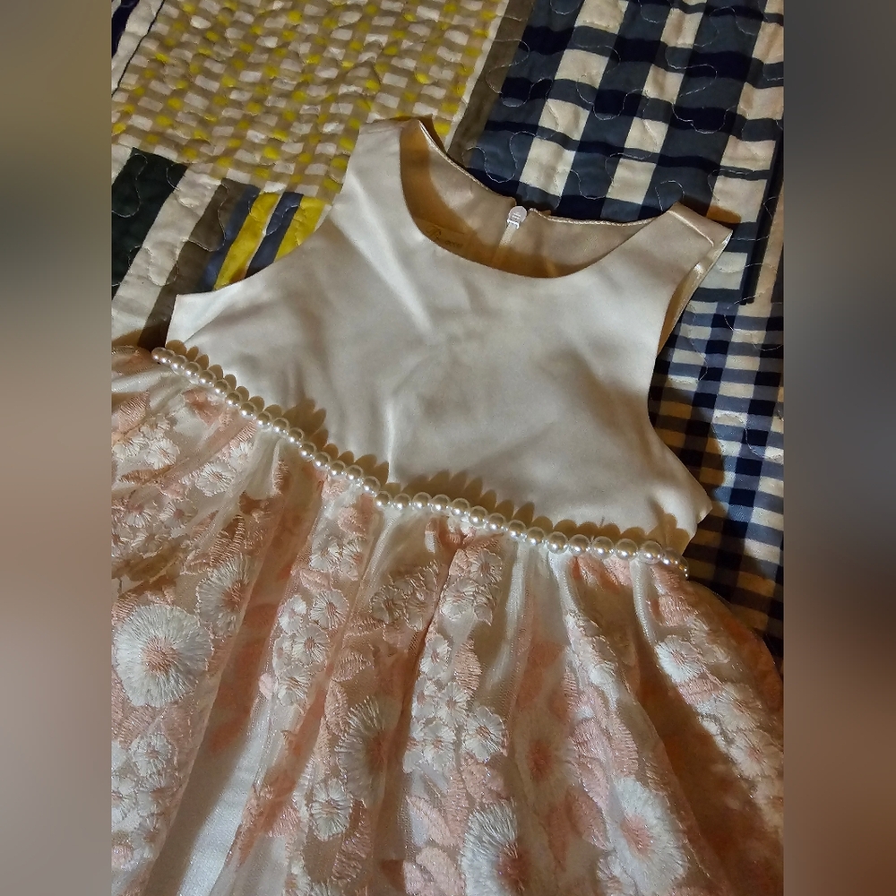 Elegant Cream Kids Lace, Satin, & Pearl Dress